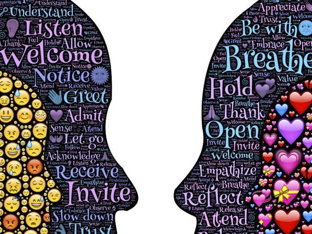 A graphic of two heads facing each other symbolizing active listening.
