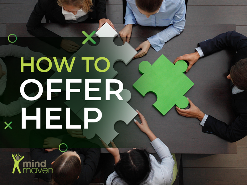 People working around a table moving large puzzle pieces. Text reads "how to offer help"