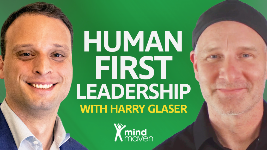 Harry Glaser and Patrick Ewers smiling against a green backdrop for an interview on leadership in tech. The image features the text 'Human First Leadership With Harry Glaser' in bold capital letters.