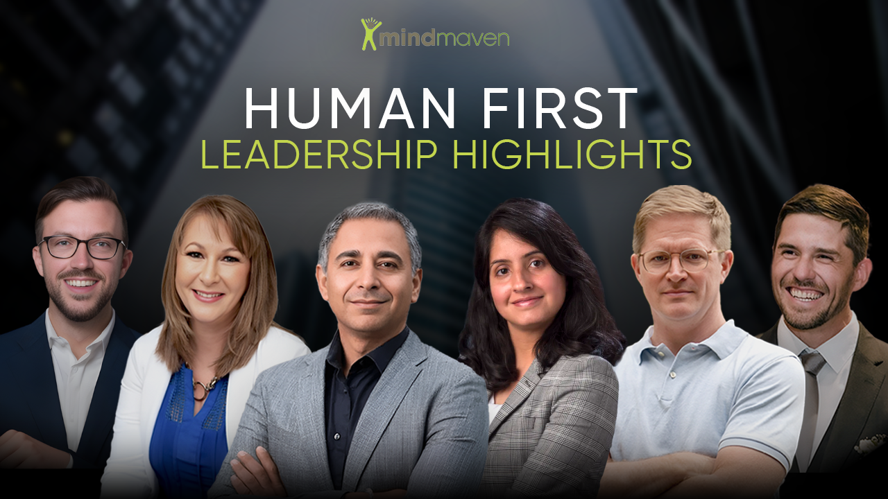 Diverse group showcasing leadership qualities for Mindmaven's Human First Leadership 2025 mashup blog.